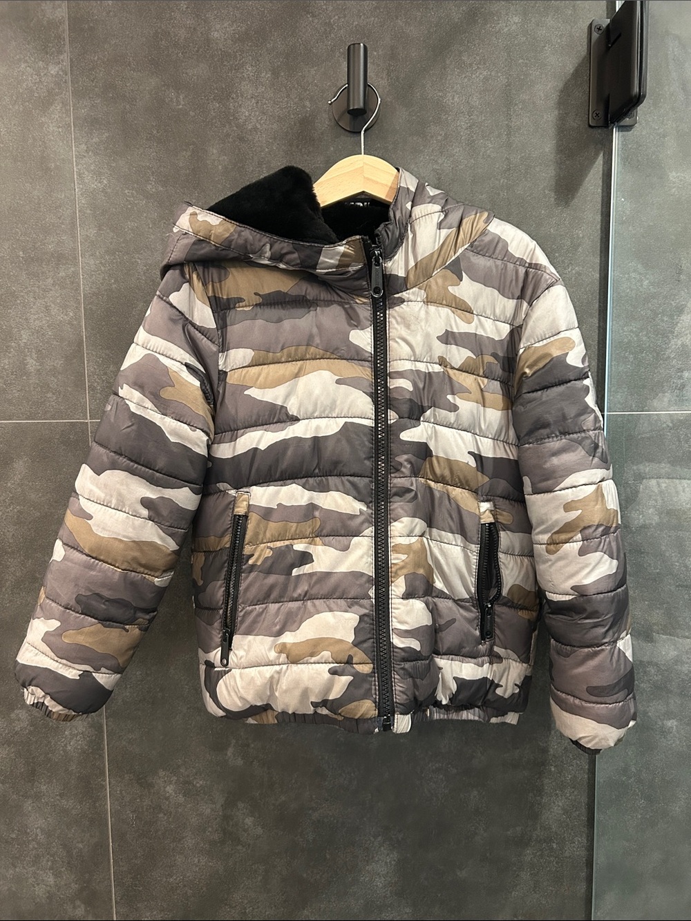 abercrombie kids Camo Puffer Jacket in Gray, Brown & Cream